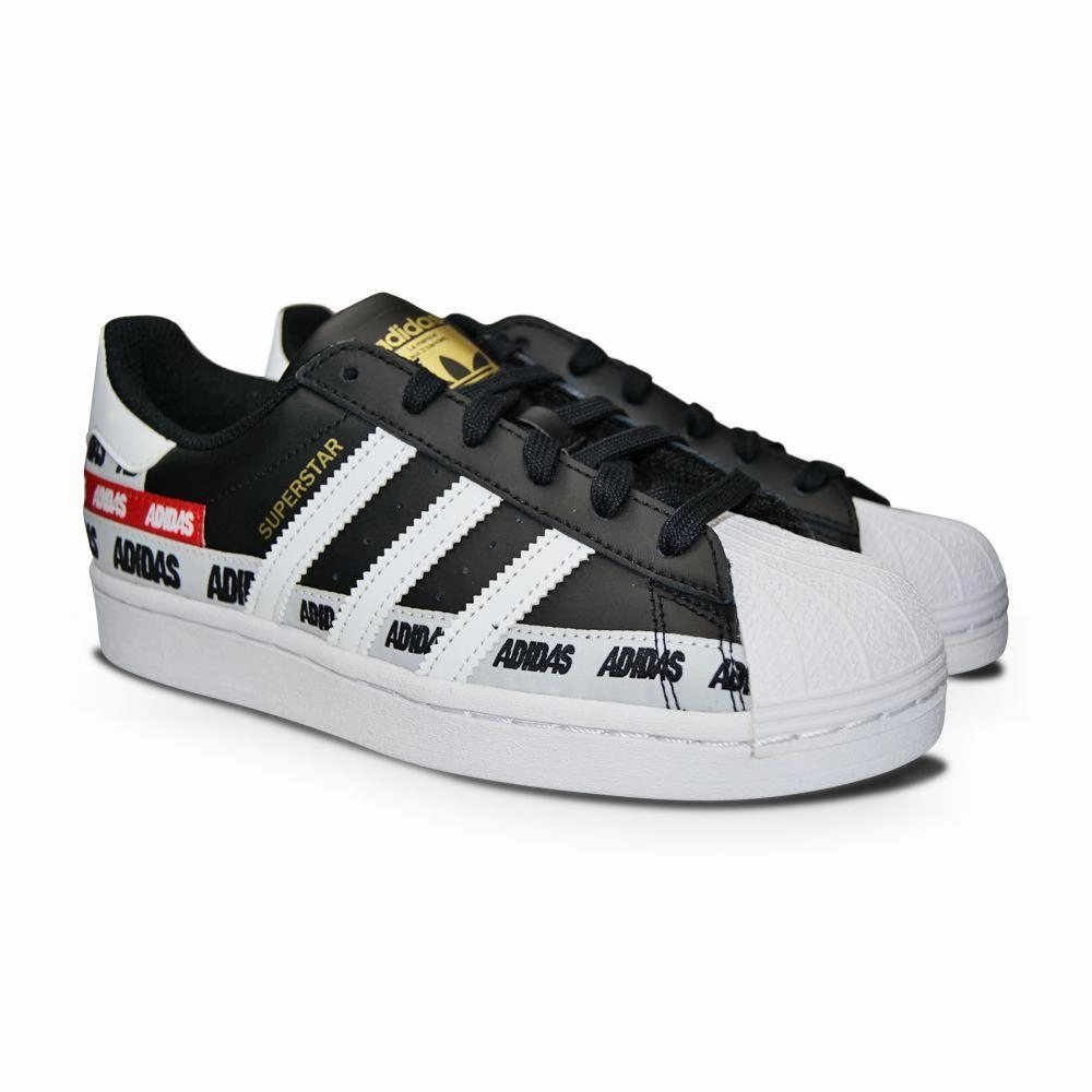 Orthotic Friendly Footbed Reinforced Eyestay Juniors Adidas Superstar J - FX5872 - Black Superstar Taping
