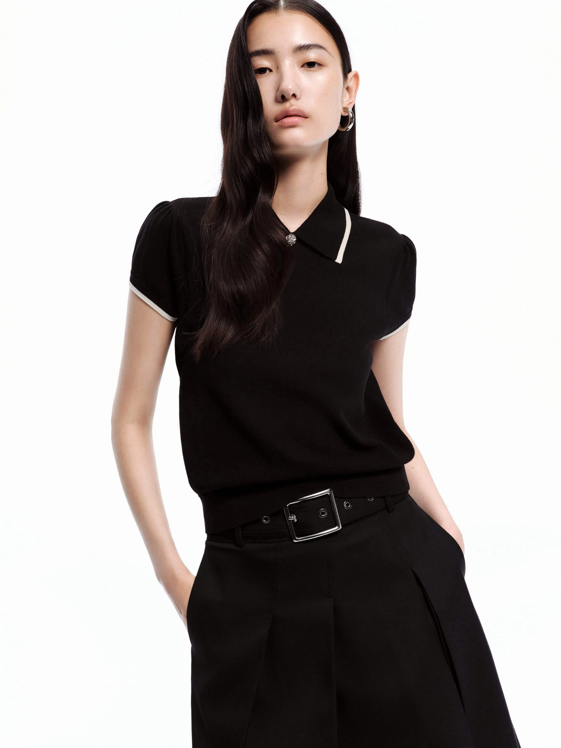 Stretch Comfort Lapel Collar Fitted Top