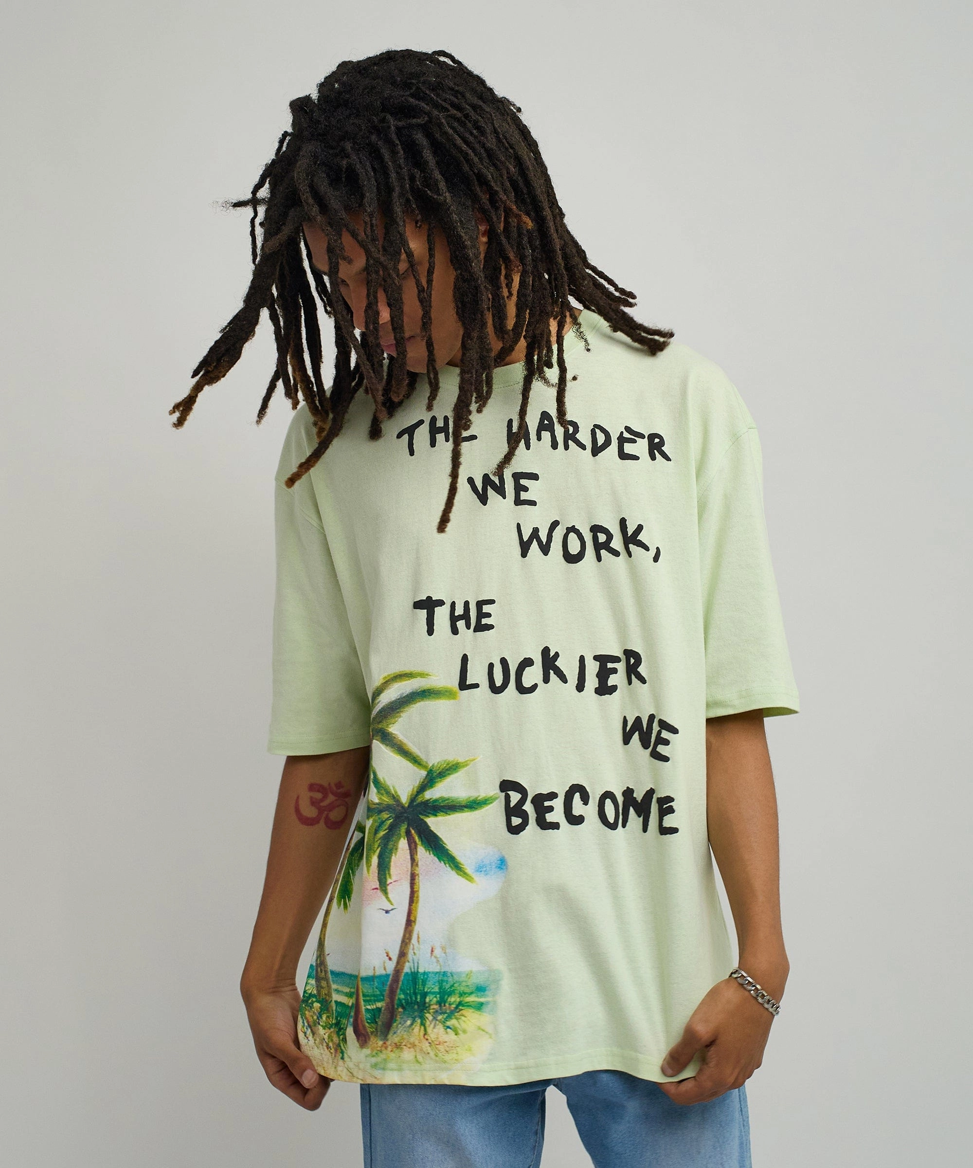 Luckier We Become Oversized Graphic Tee - Olive Green ribbed texture