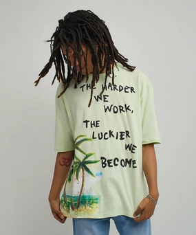 Luckier We Become Oversized Graphic Tee - Olive Green ribbed texture