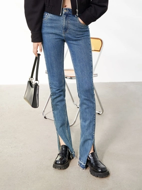 Fit and Comfort Fringe Slit Cotton Jeans