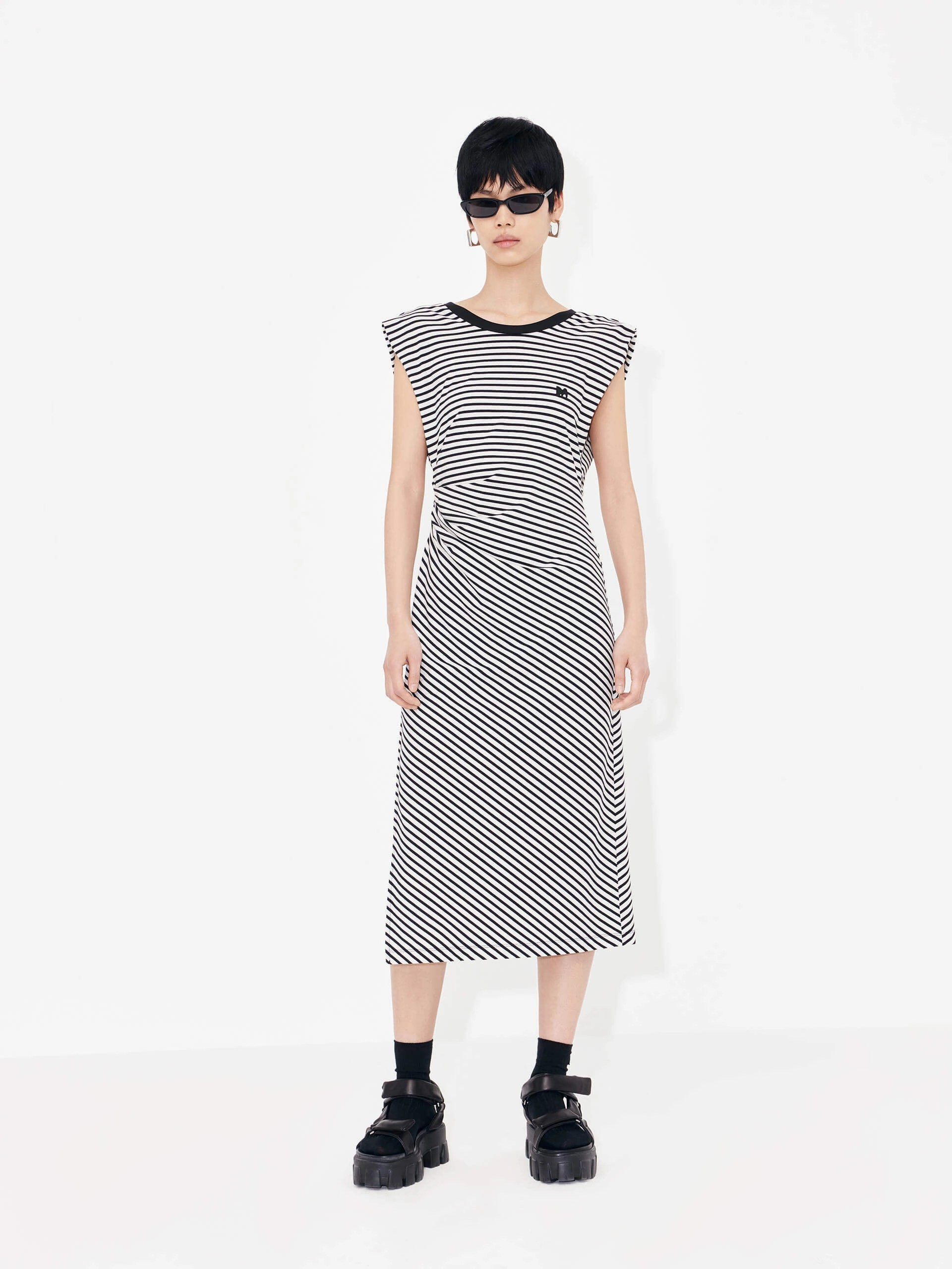 Mesh Soft Gathered Waist Stripe Dress