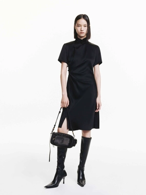 Side Pleated Satin Dress Smocked-Detail Luxurious Texture