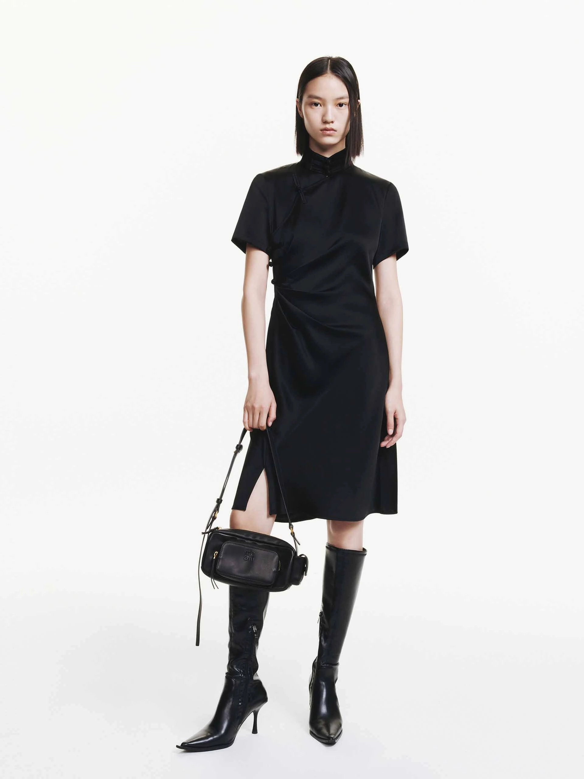 Side Pleated Satin Dress Smocked-Detail Luxurious Texture