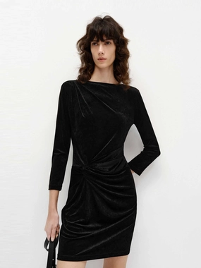 Twist Detail Velvet Dress Gathered-Detail