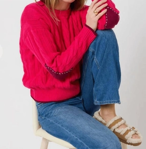 Maxwork Cable Crew Neck Sweater In Berry Layered Knit Breathable fabric