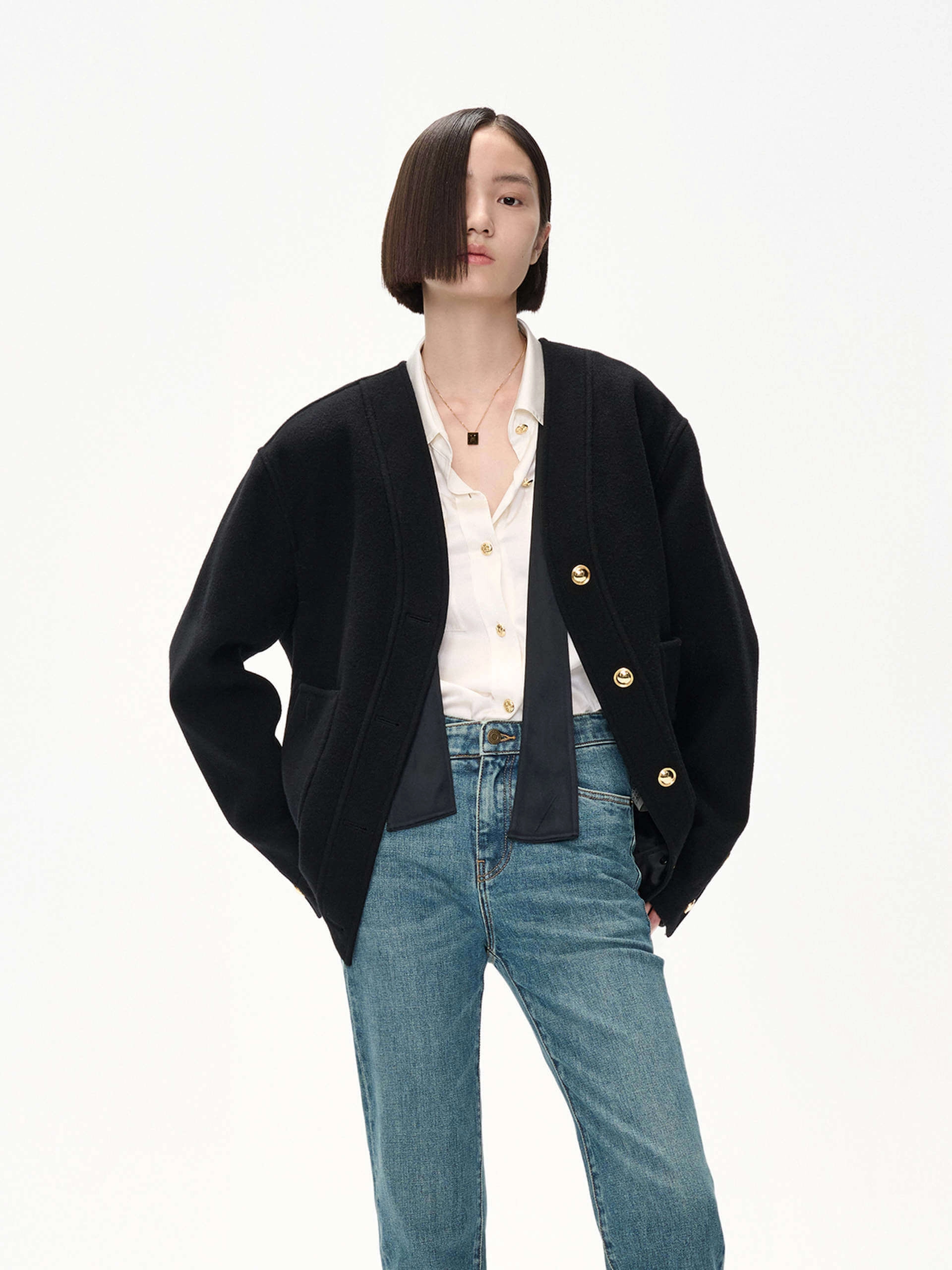 WaterResistantCoating Merino Wool Collarless Jacket