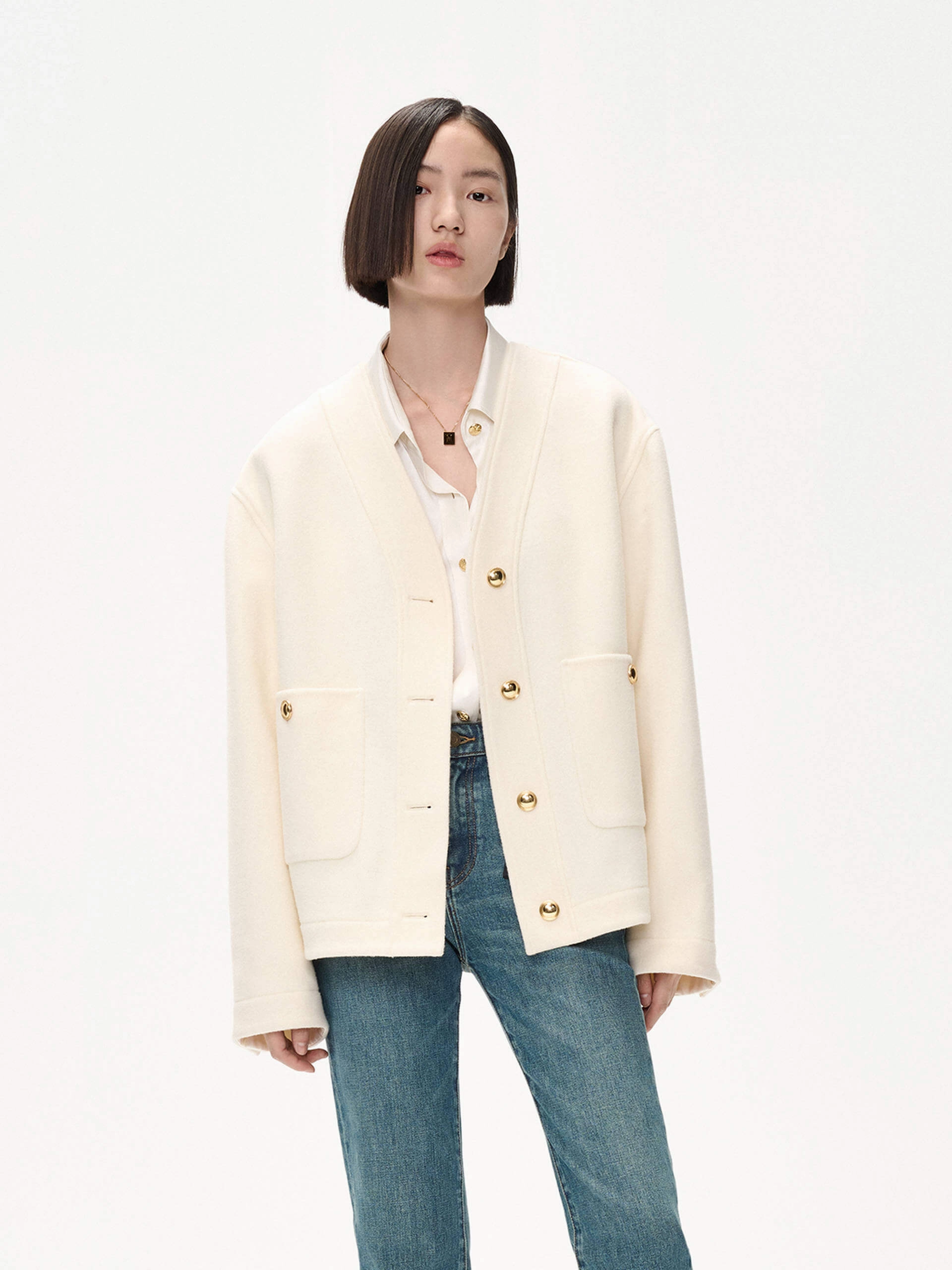 Airy Cloth Cold Days Merino Wool Collarless Jacket
