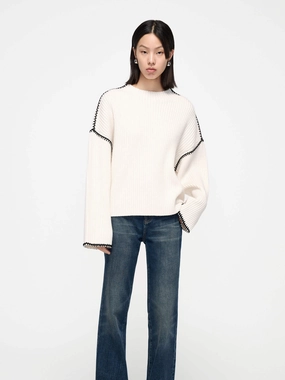 Merino Wool Contrast Sweater Midweight Texture Double Layered Fabric