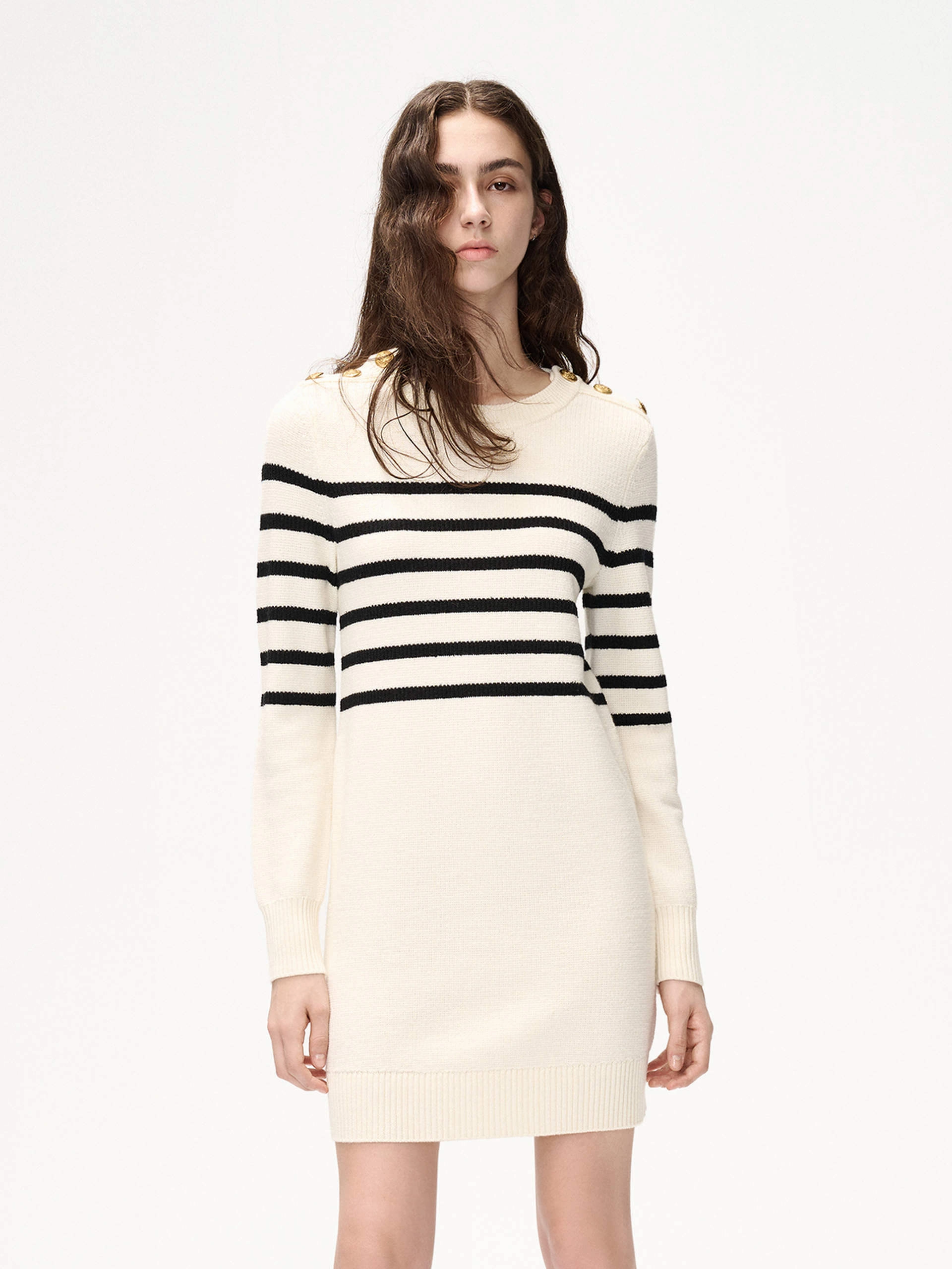 Cotton-Blend Office Wear Merino Wool Stripes Dress