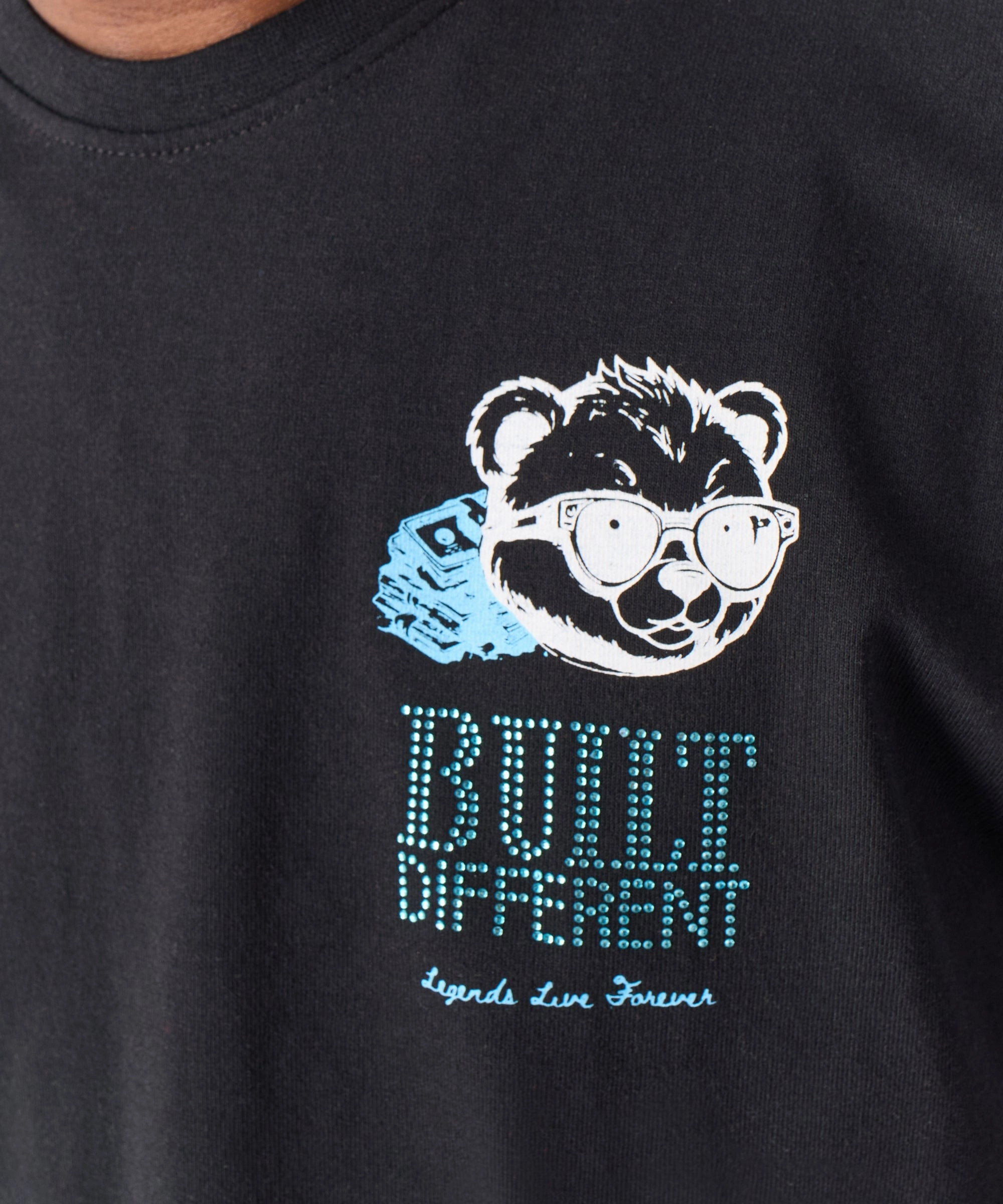 Built Different Rhinestone Short Sleeve Tee - Black Anti Static Cloth Blend