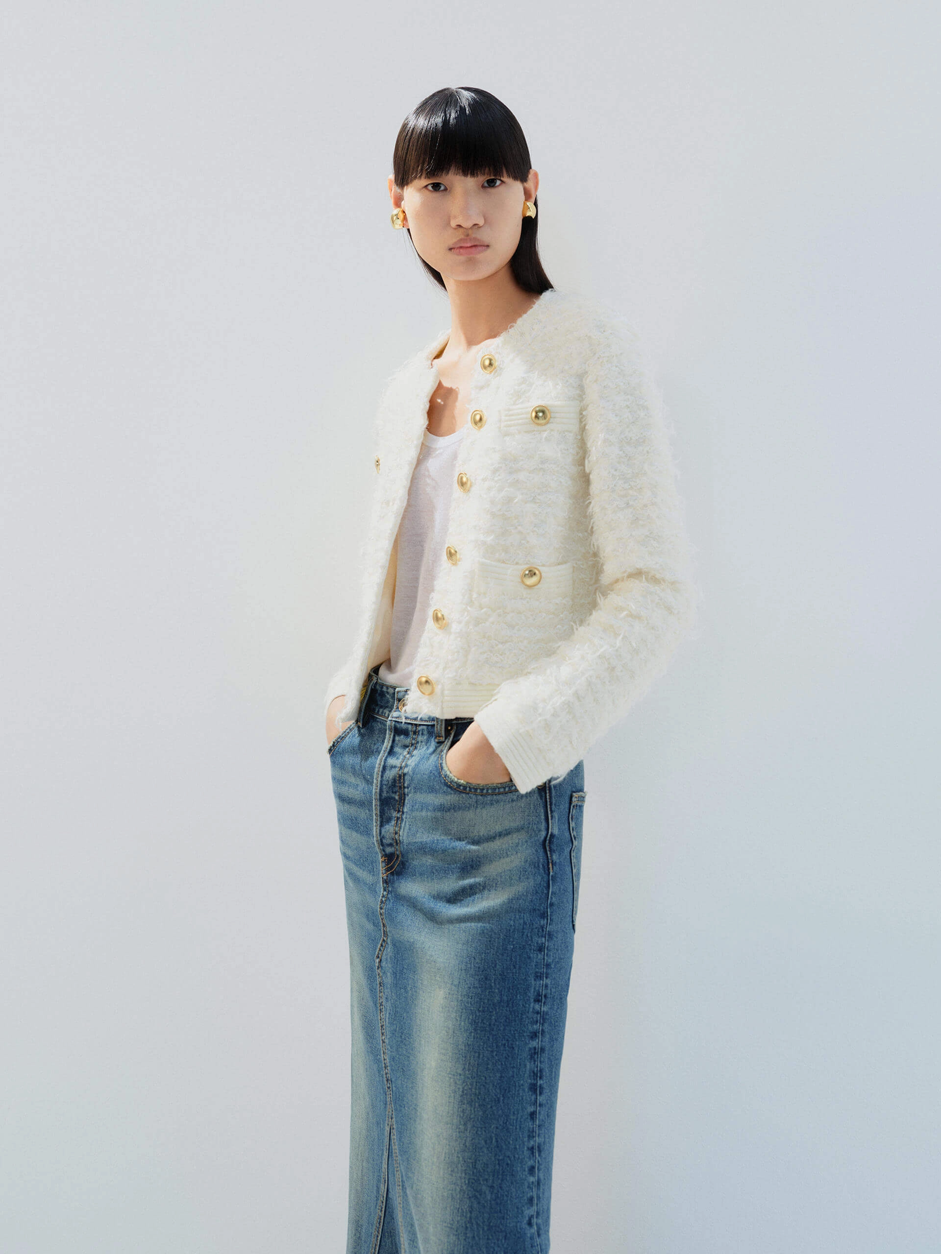 Metal Button Cropped Cardigan Loose Blouse Non Chafing Side Seams