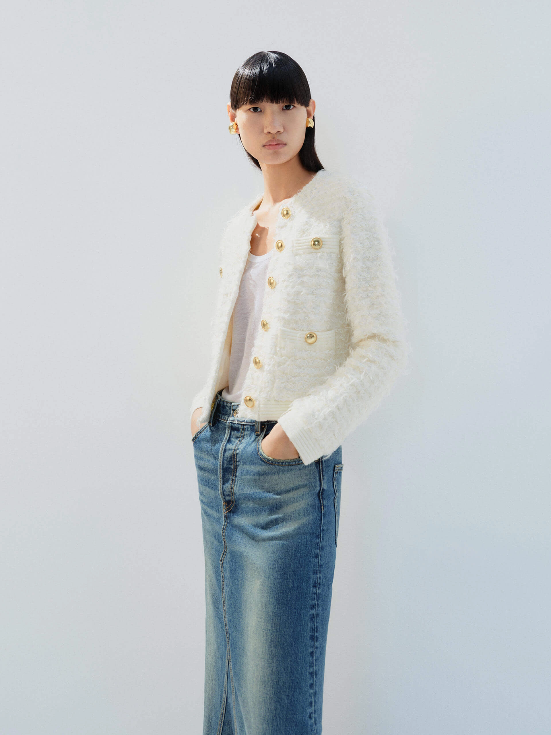 Metal Button Cropped Cardigan AntiStatic Weave Anti Pilling Finish