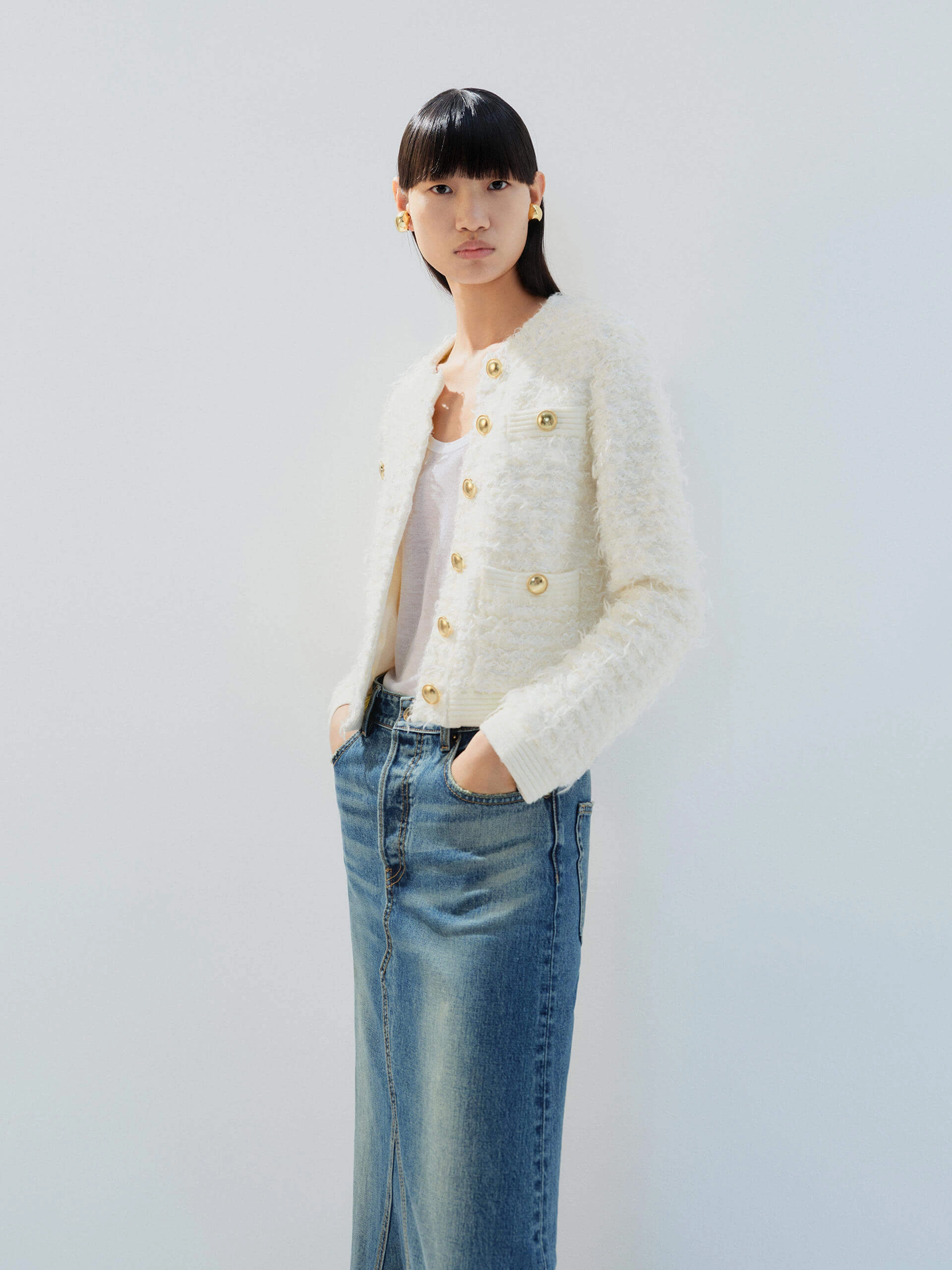 Metal Button Cropped Cardigan RecycledPolyesterBlend