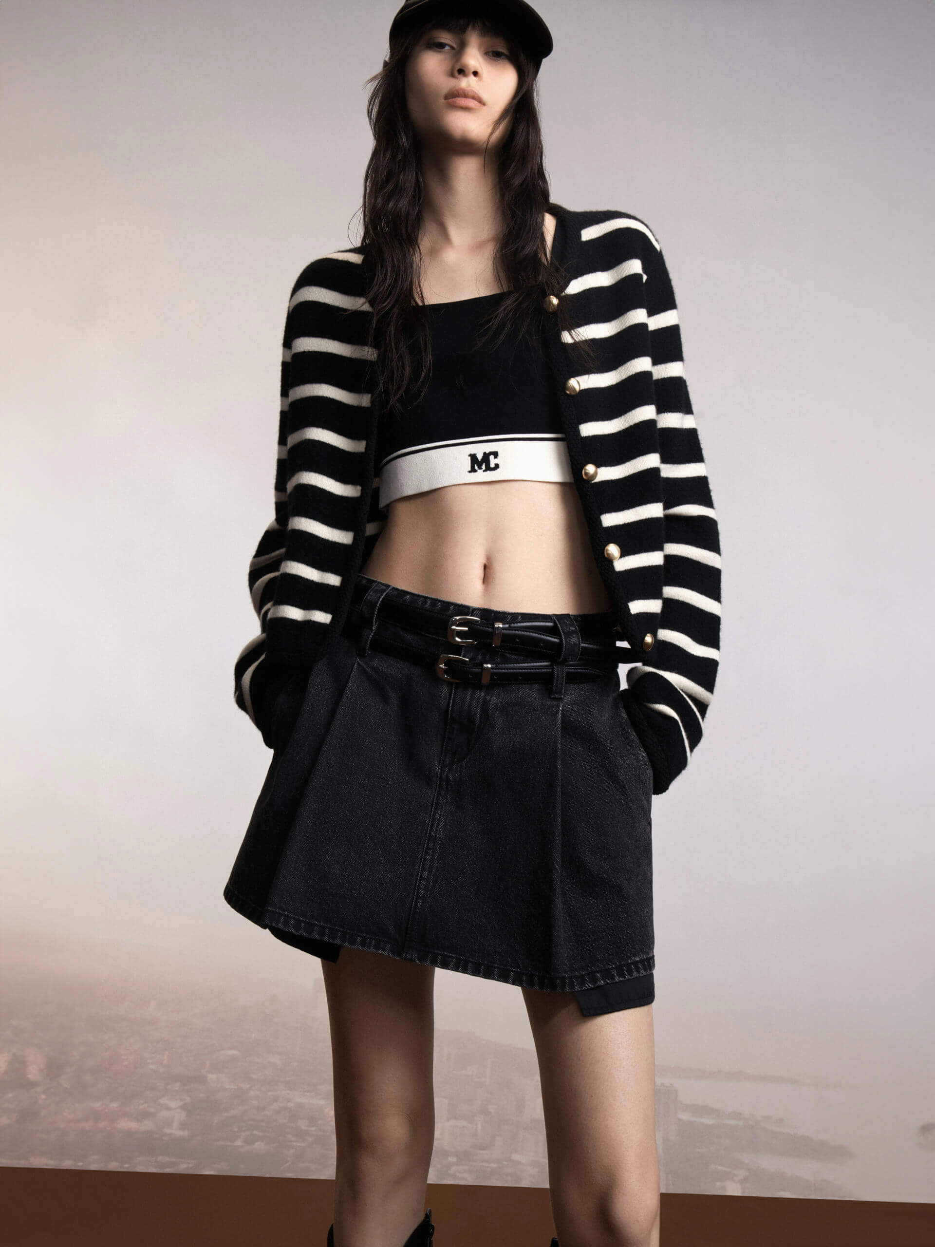 Reflective Accent Stripes Seamless construction Metal Button Striped Cardigan