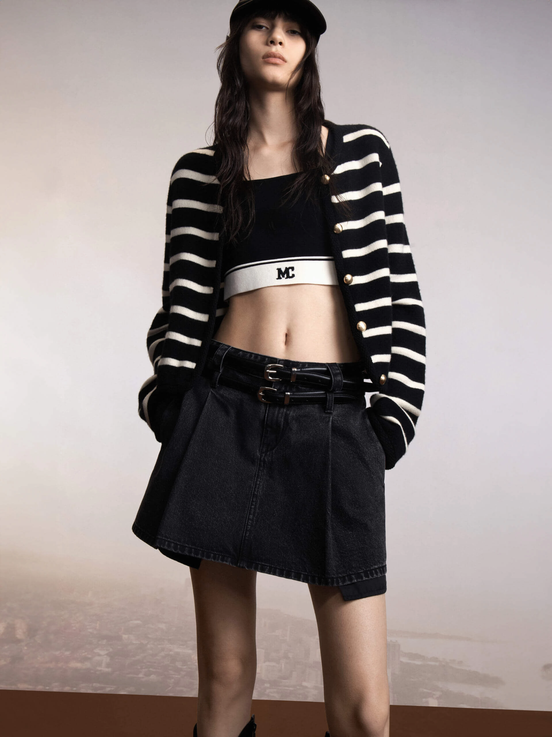 Metal Button Striped Cardigan Stretch Waistband Design