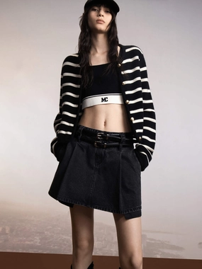 Self Fabric Tie Closure Reinforced Hem Metal Button Striped Cardigan