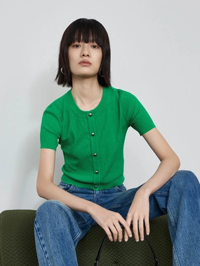 Ribbed Hemline Metal button Textured Sweater