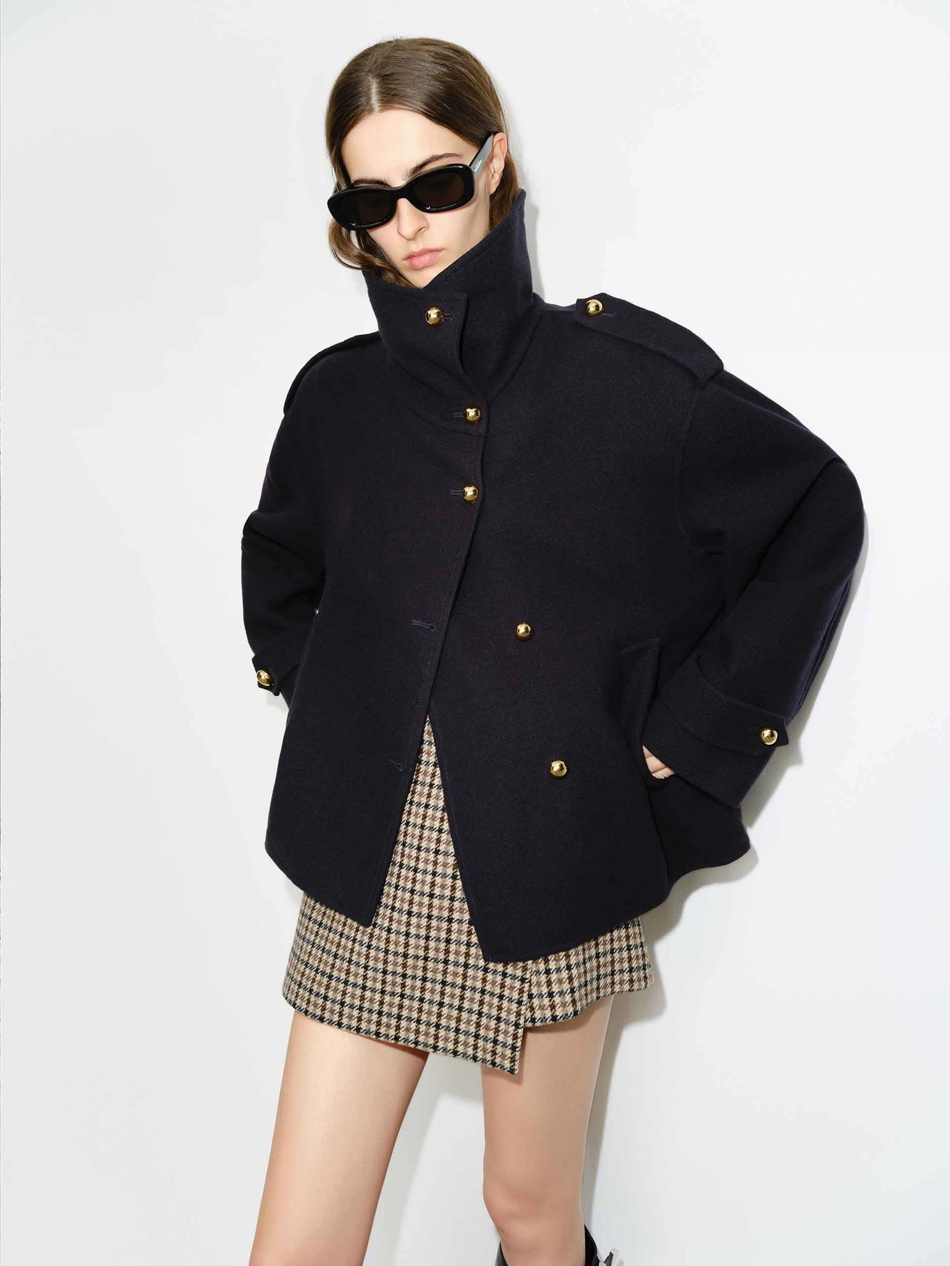 Cozy Hood Detail Cashmere Blend Metal Button Wool Coat