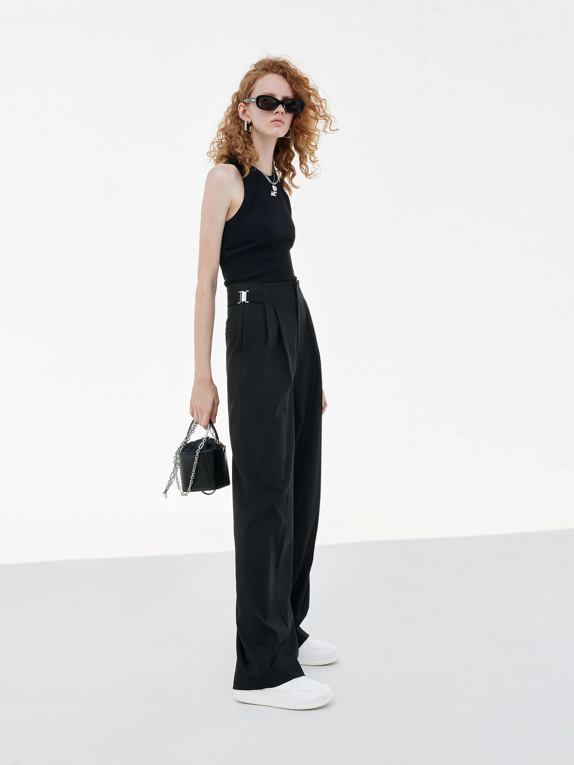 Metal Waistband Suit Pants Contrast Trim