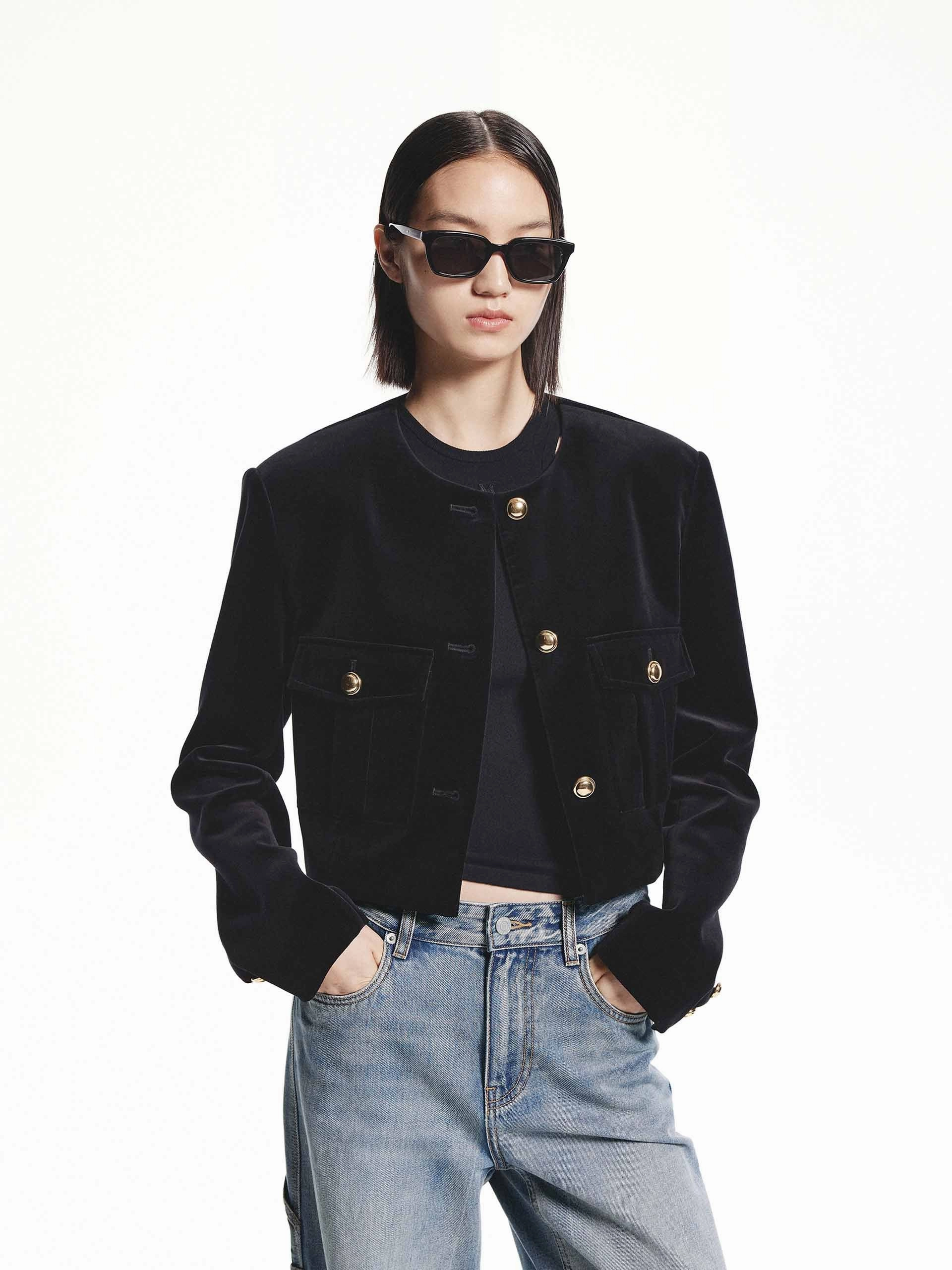 Metallic Button Cropped Jacket Mid Length Design