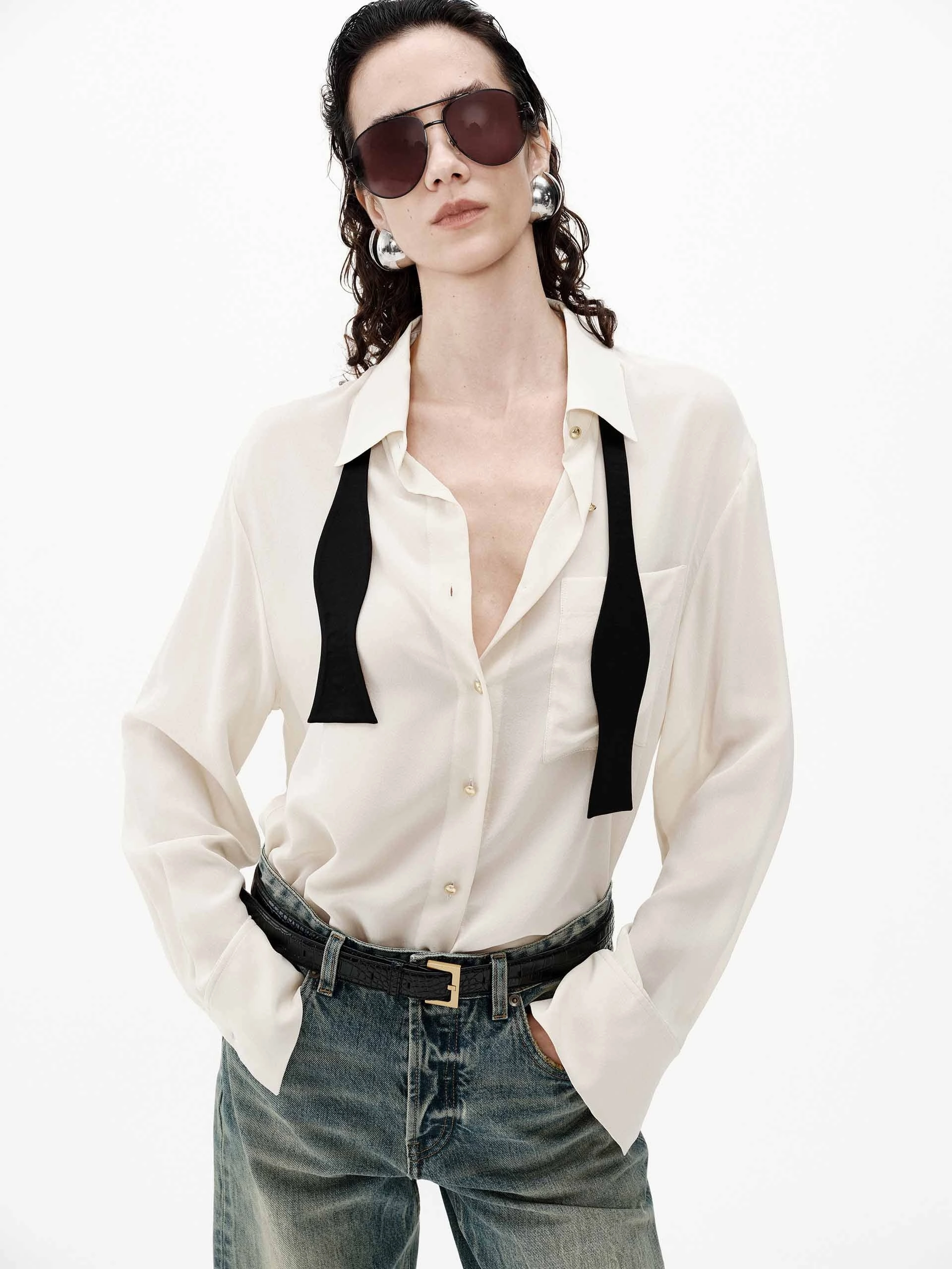 Metallic Button Silk Shirt Adjustable Cuff System