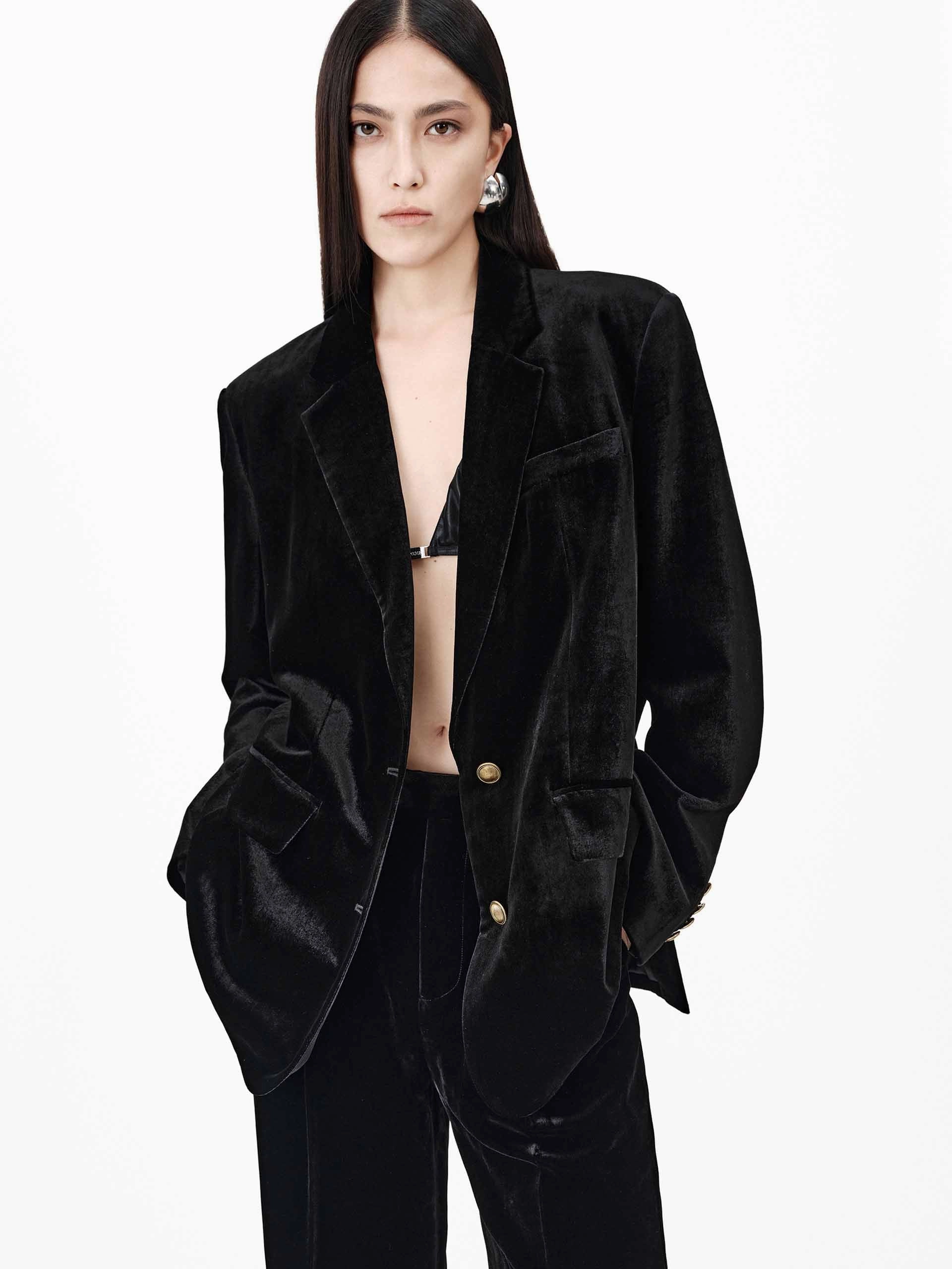 Metallic Button Velvet Blazer Modern Fit slim cut