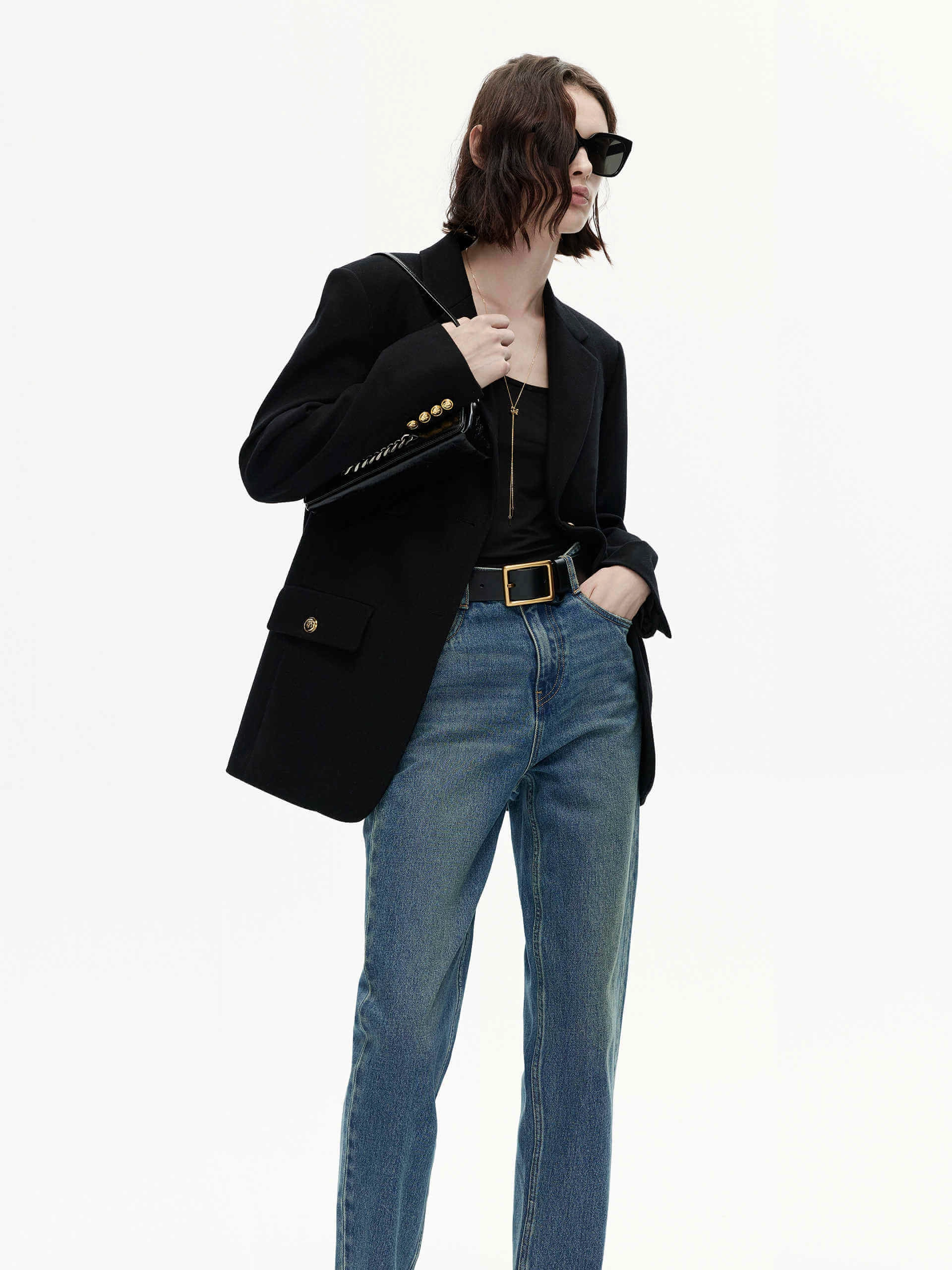 Metallic Button Wool Blazer Durable AbrasionResistant Panels