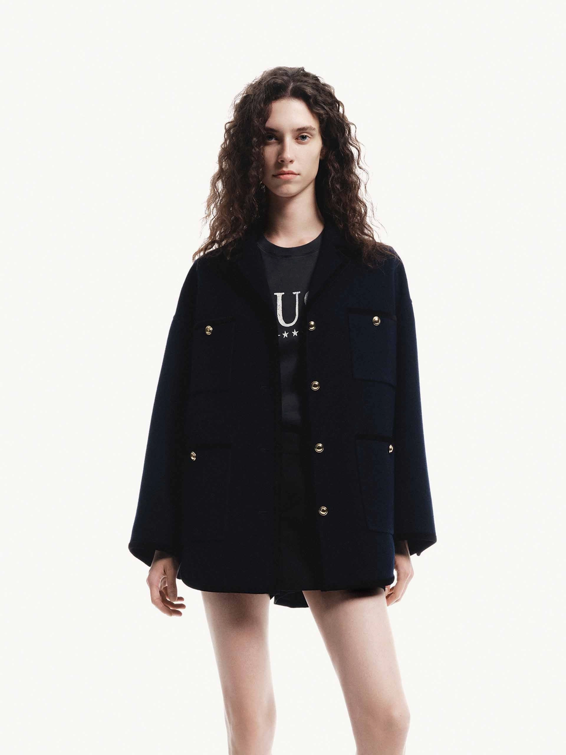 Glow In The Dark Trim Metallic Button Wool Coat