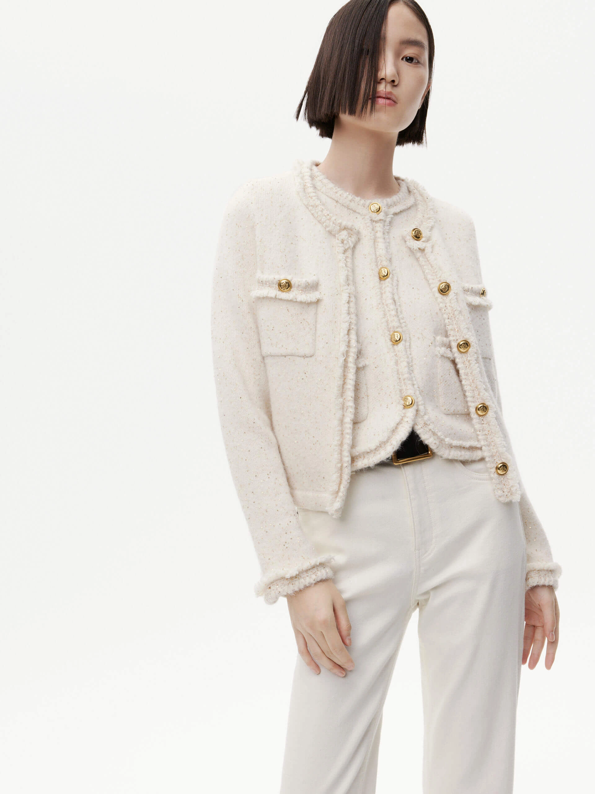 Metallic Sequins Knit Cardigan SelfFabric Binding
