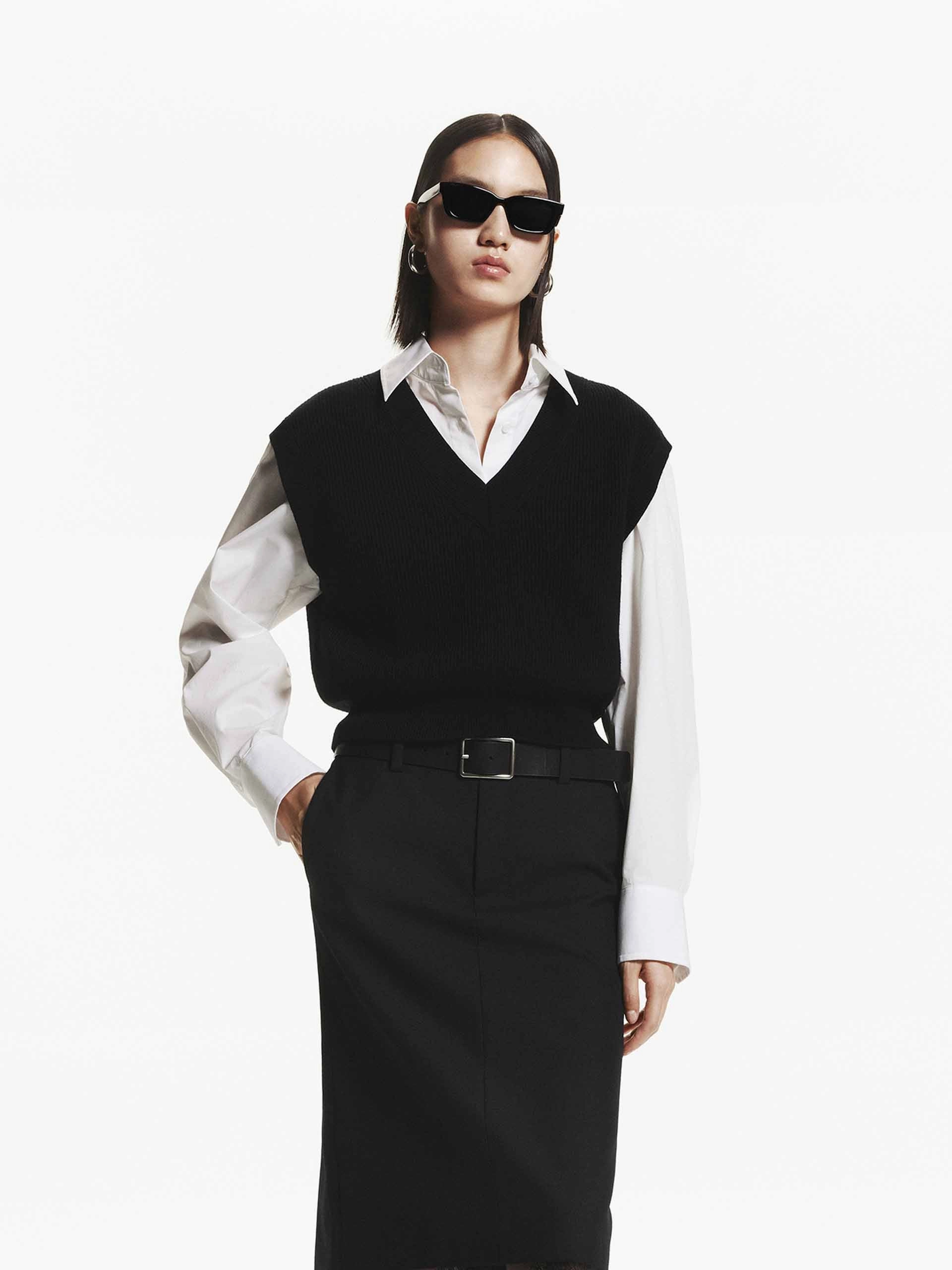 Tailored Placket Minimalist Collar Shirt and Knit Vest Set
