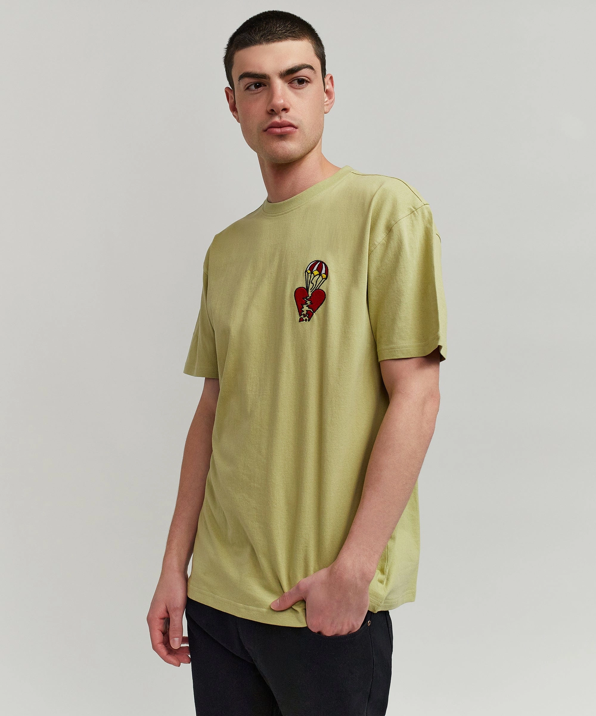 VNeckReinforcement Heart Broken Short Sleeve Tee - Olive Green