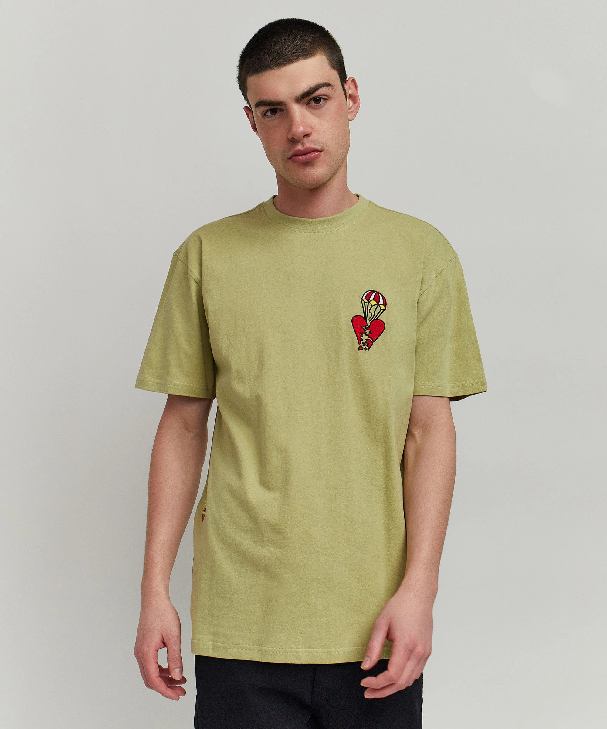 Heart Broken Short Sleeve Tee - Olive Green SheerLayering DoubleNeedle Stitching