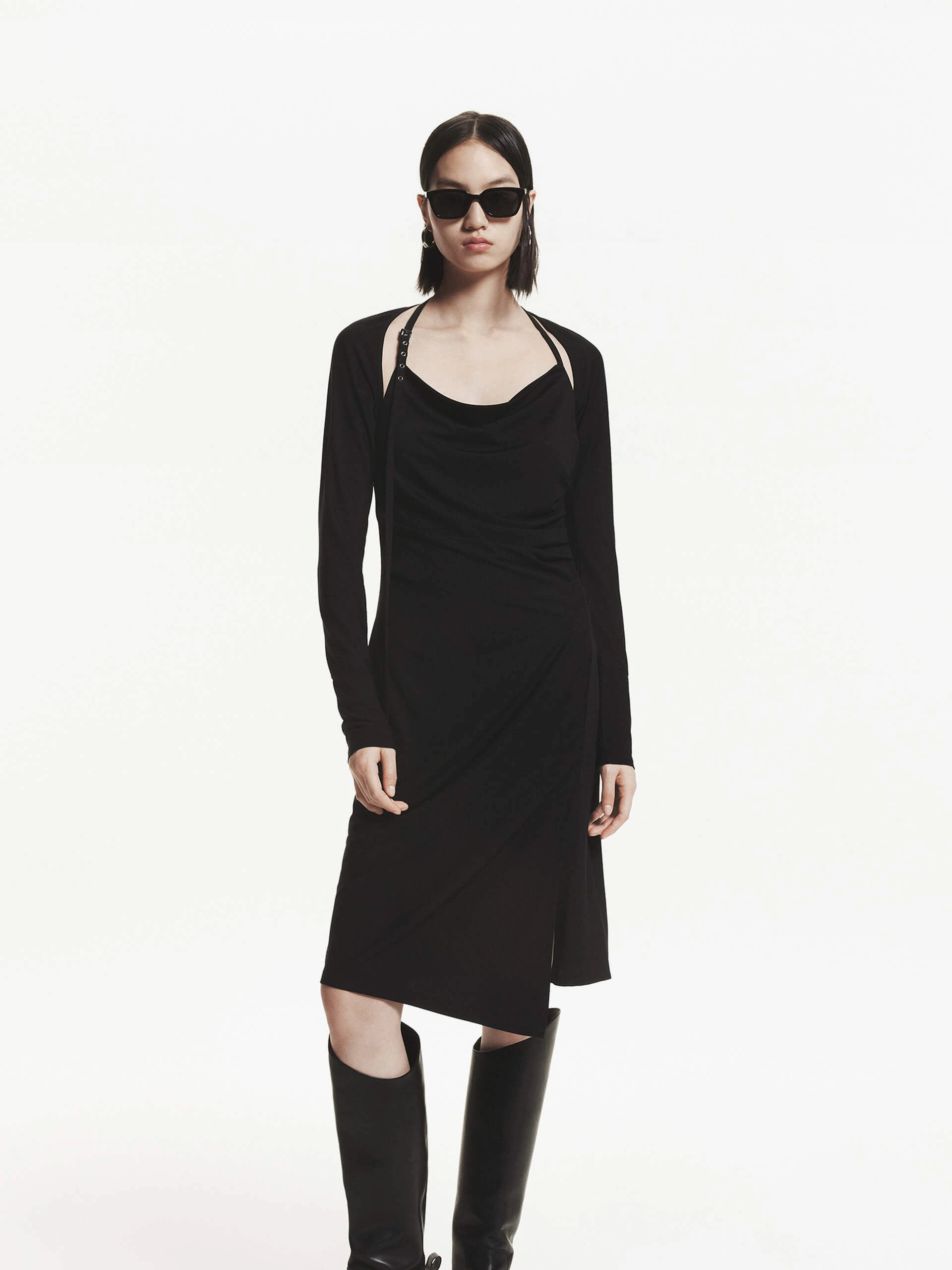 Midi Length Fitted Dress Light Sheen Muted Tones