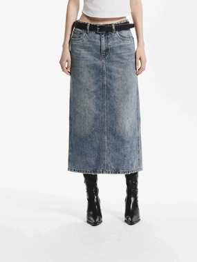 Midi Straight Denim Skirt Layered Panel Design