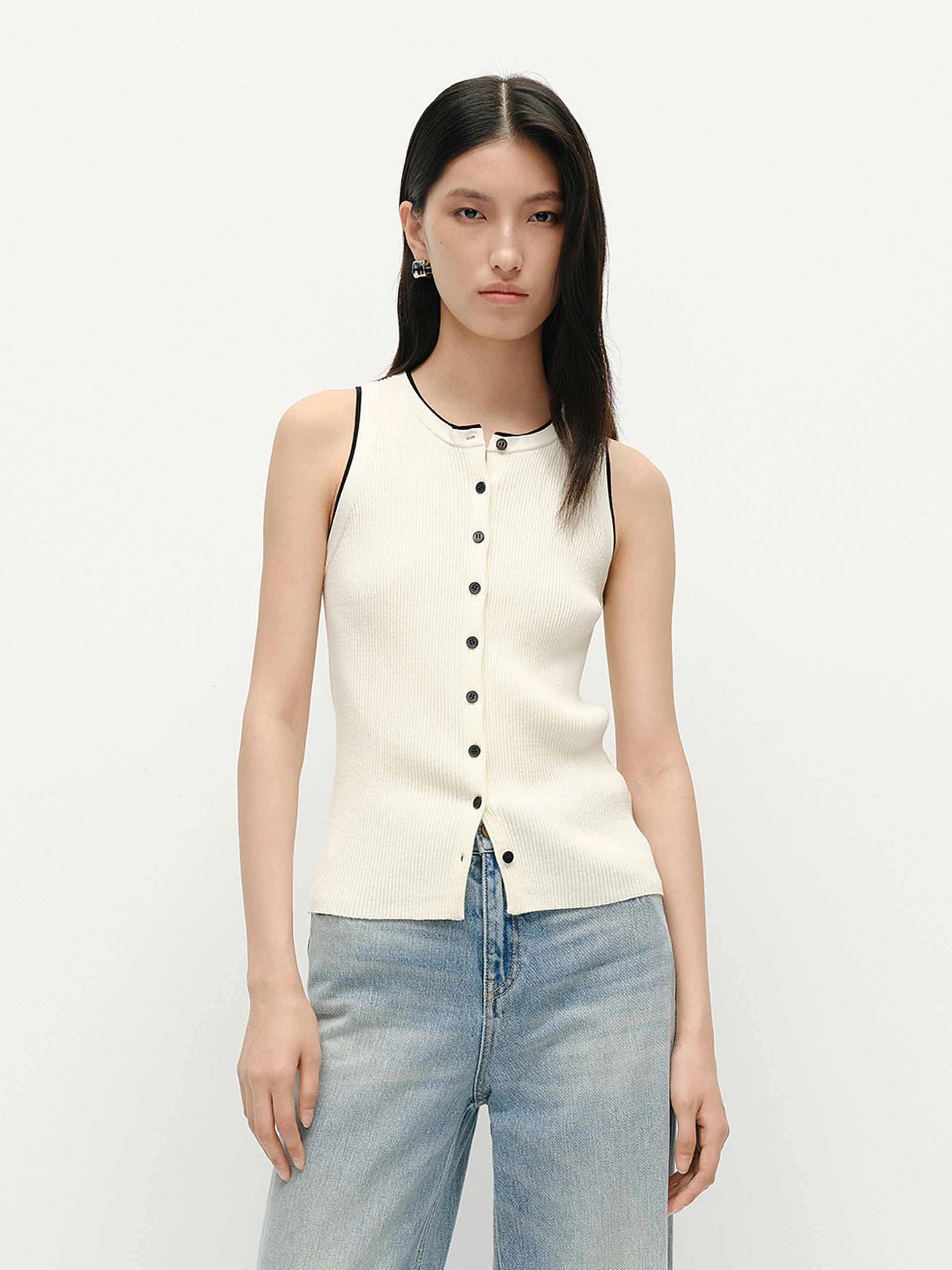 Button Detail Knit Vest Hidden Storage Pocket
