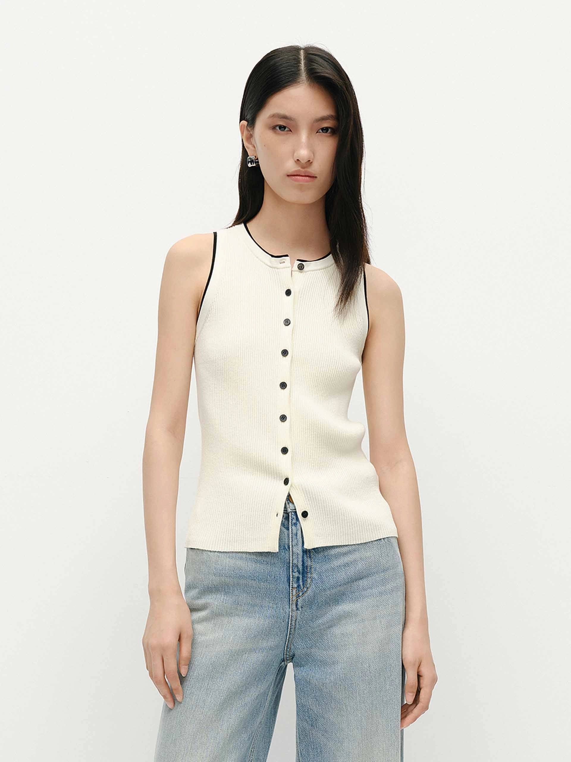 Button Detail Knit Vest RibbedTexture