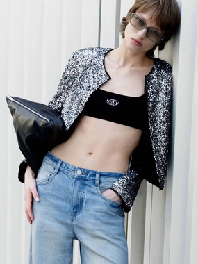 Cropped Sequin Coat Simple Fit Enhanced Edge Binding