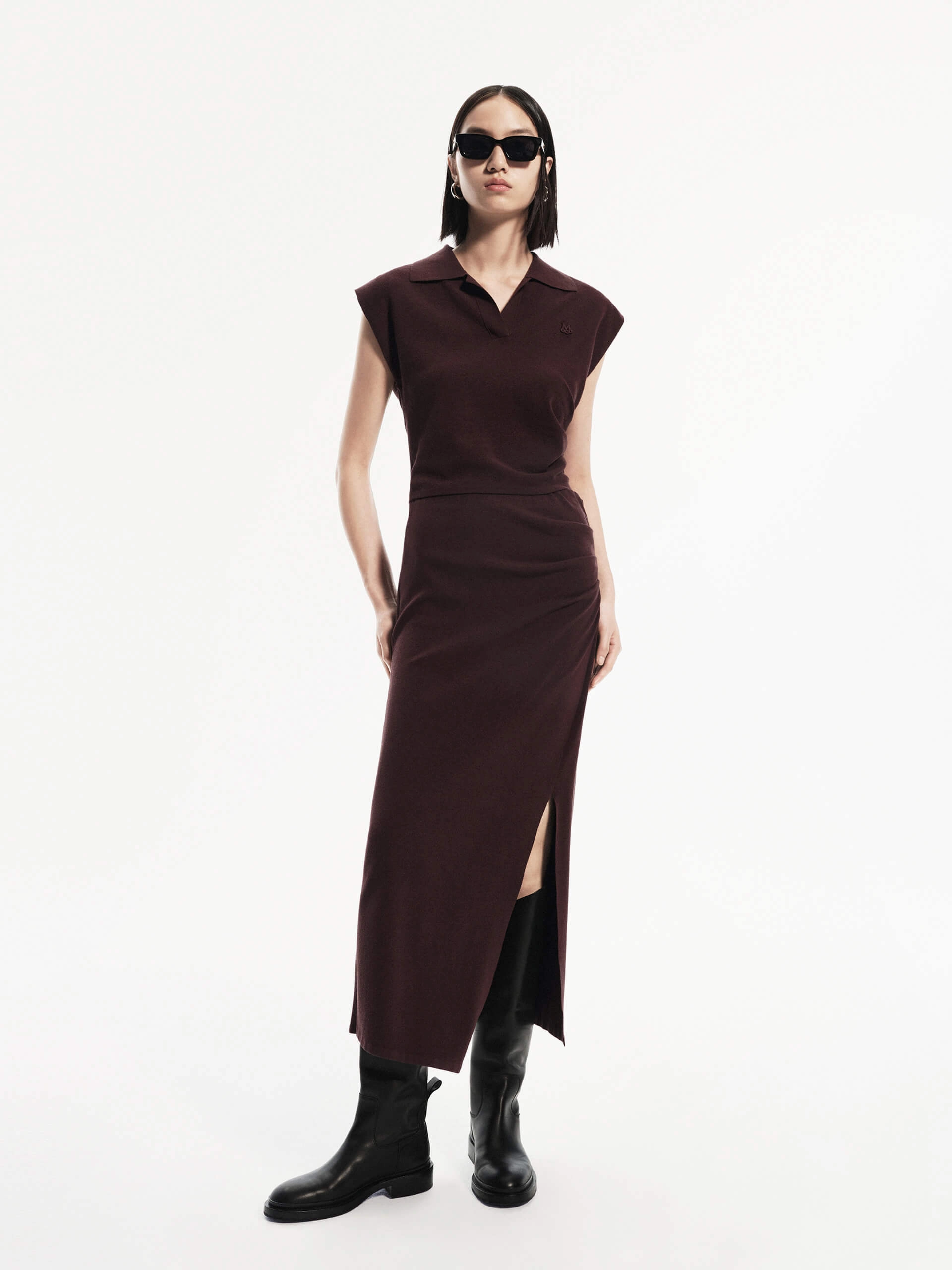 Polo Collar Fitted Dress Set velvet feel