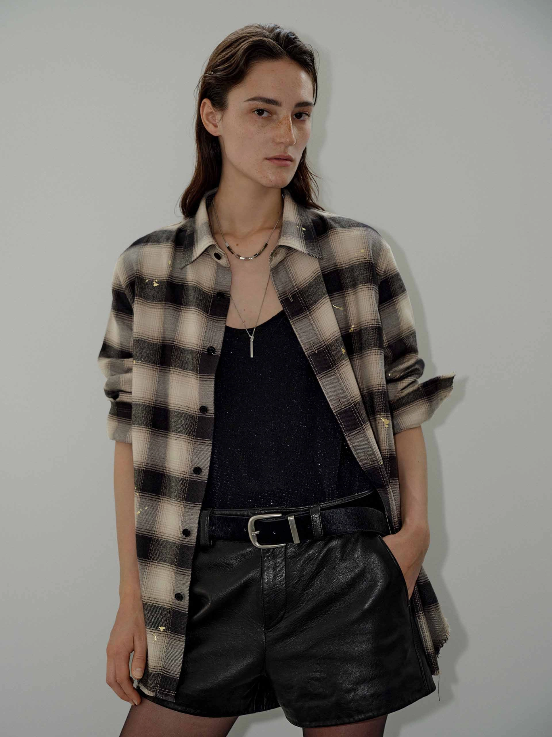 wrinkle free finish Minimalist Detailing Gold Splatter Plaid Shirt