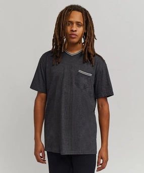 HypoallergenicFibers LaserCut Edges Pocket Stripe Contrast Short Sleeve Tee - Charcoal