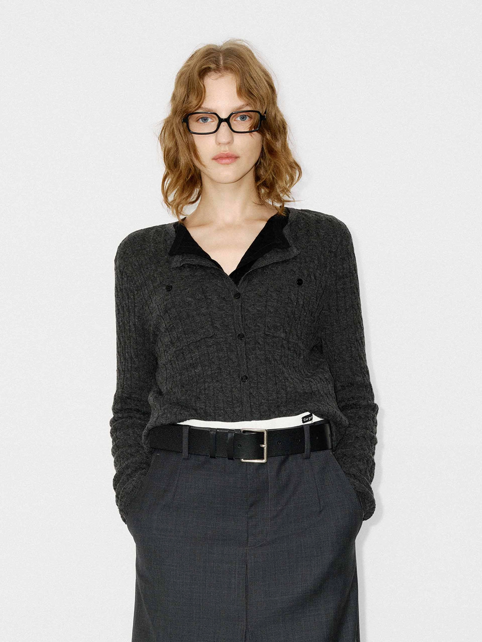 Ribbed Hemline Button Closure Wool Cardigan