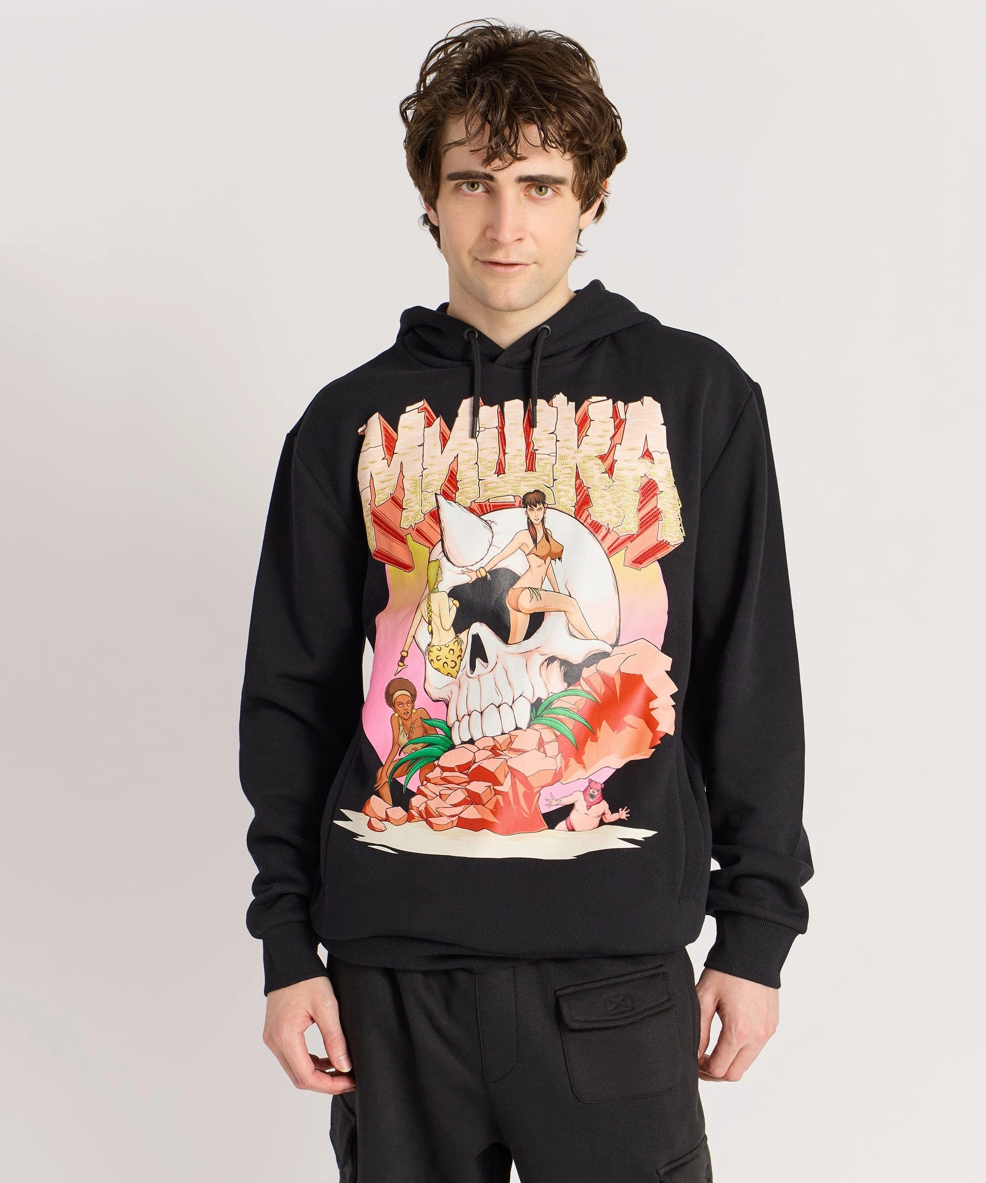 Mishka Graphic Print Embroidered Hoodie - Black Casual Long Sleeve Layered Hem Reinforcement