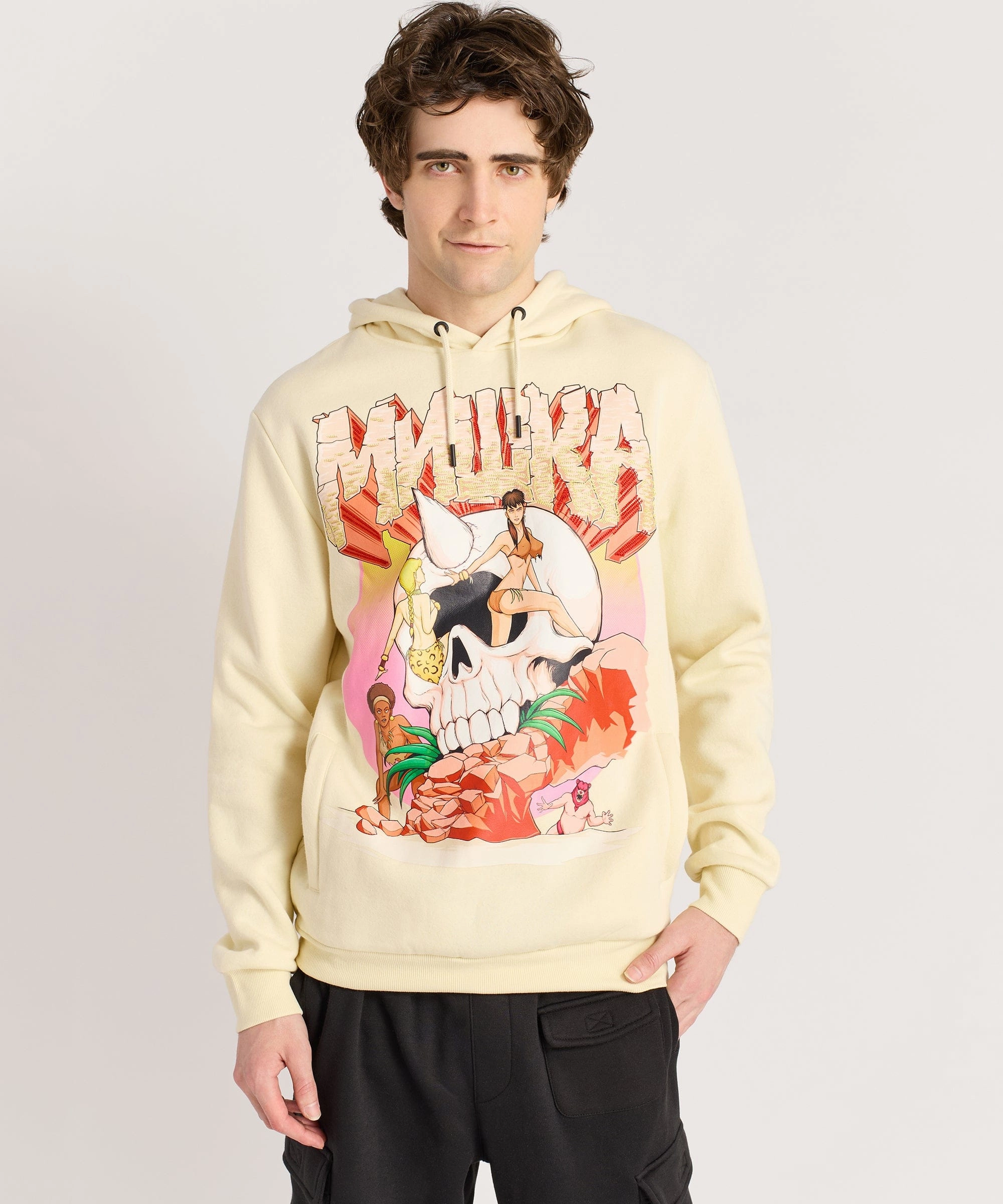 Cozy Cardigan Mishka Graphic Print Embroidered Hoodie - Khaki