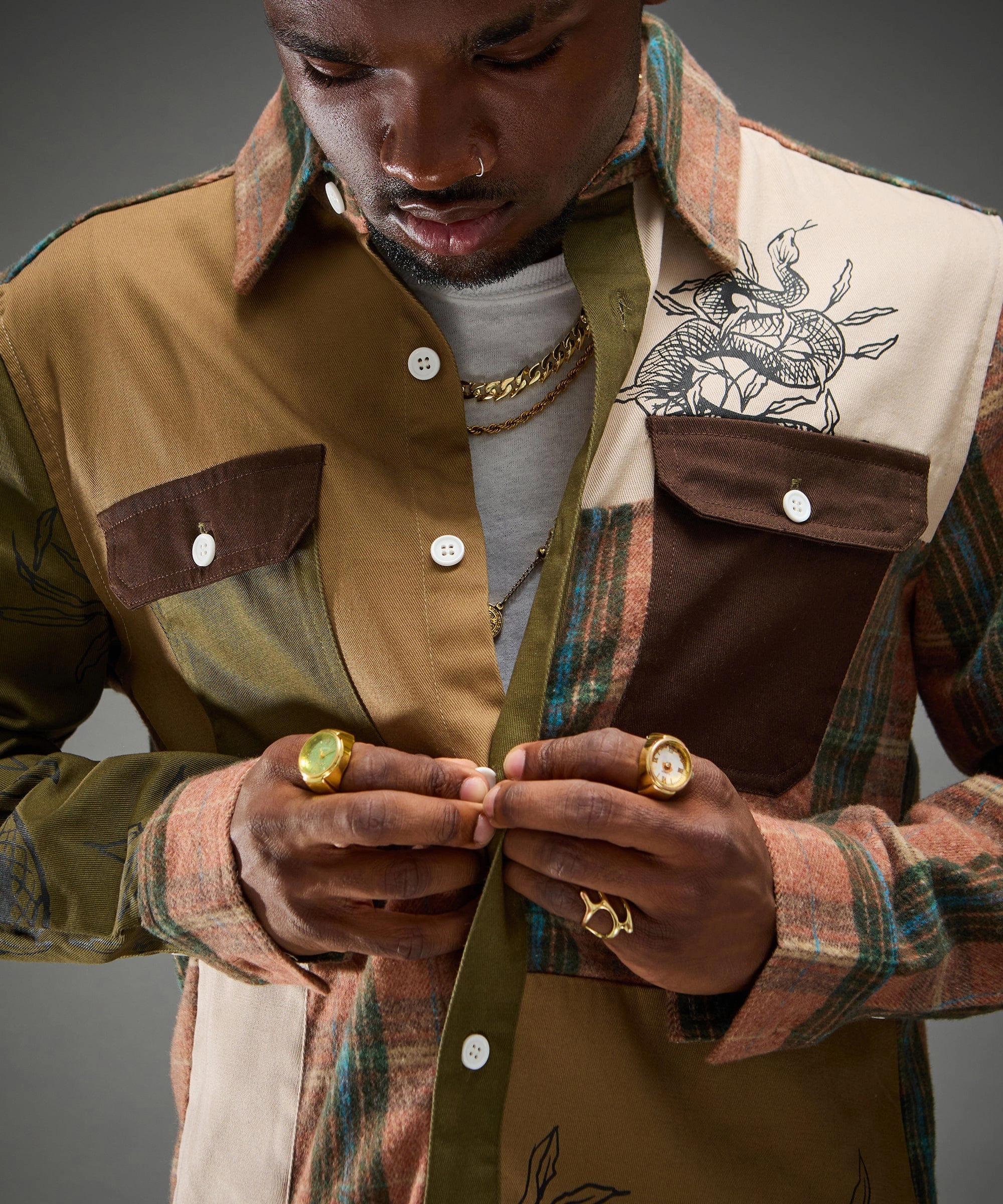 All Season Wear Fabric Mixed Material Flannel Shirt - Brown