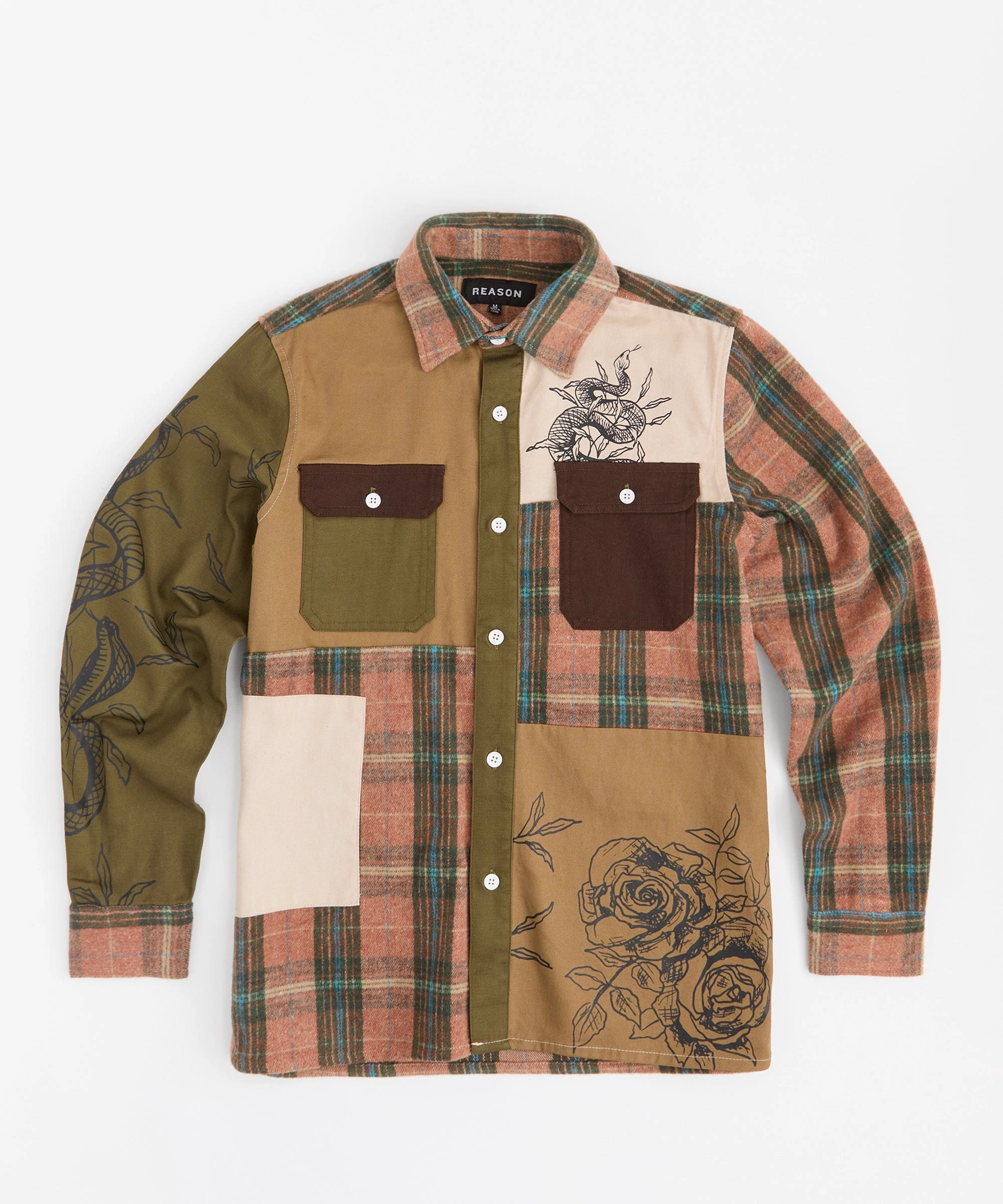 Mixed Material Flannel Shirt - Brown Contrast Stitching Everyday Fashion