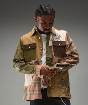 NonIrritating Stitching Mixed Material Flannel Shirt - Brown