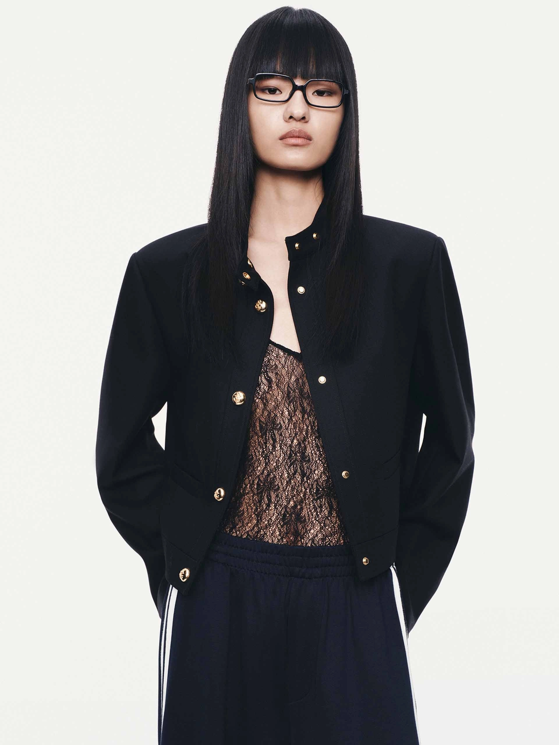 Mock Neck Cropped Jacket Ripstop Fabric Technology
