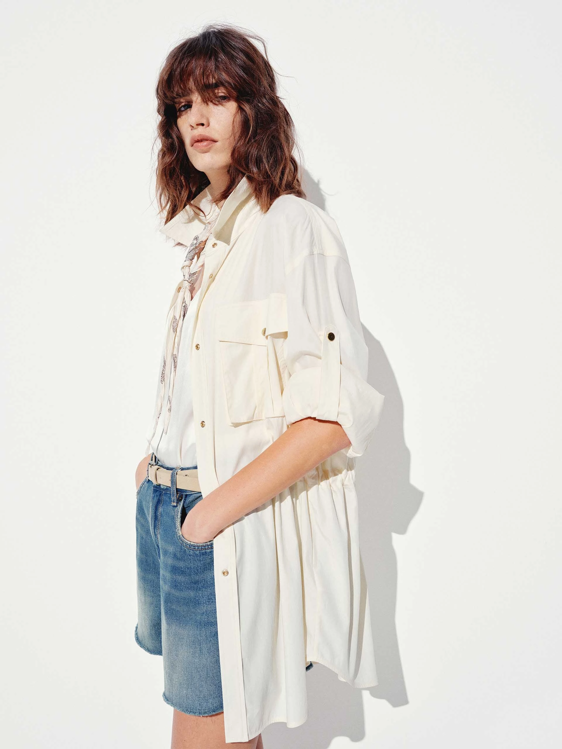 Elastic Waist Cargo Jacket Snap Button