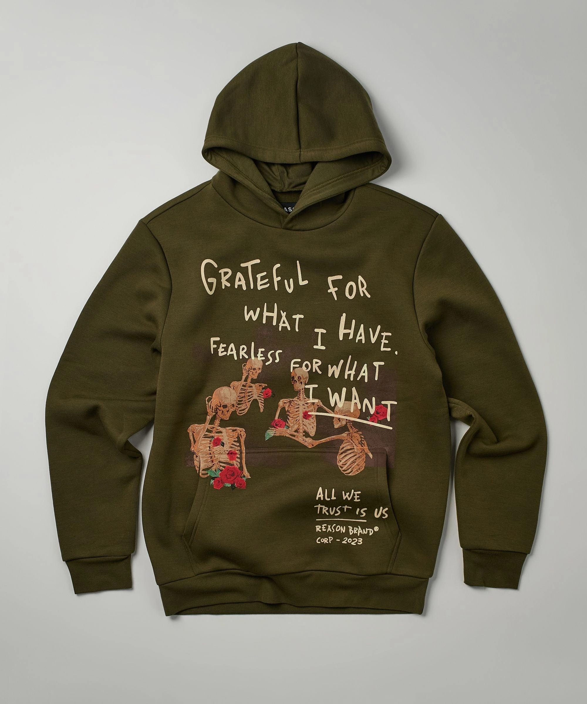 Grateful Roses Hoodie - Olive Green Durable Reinforced Elbows